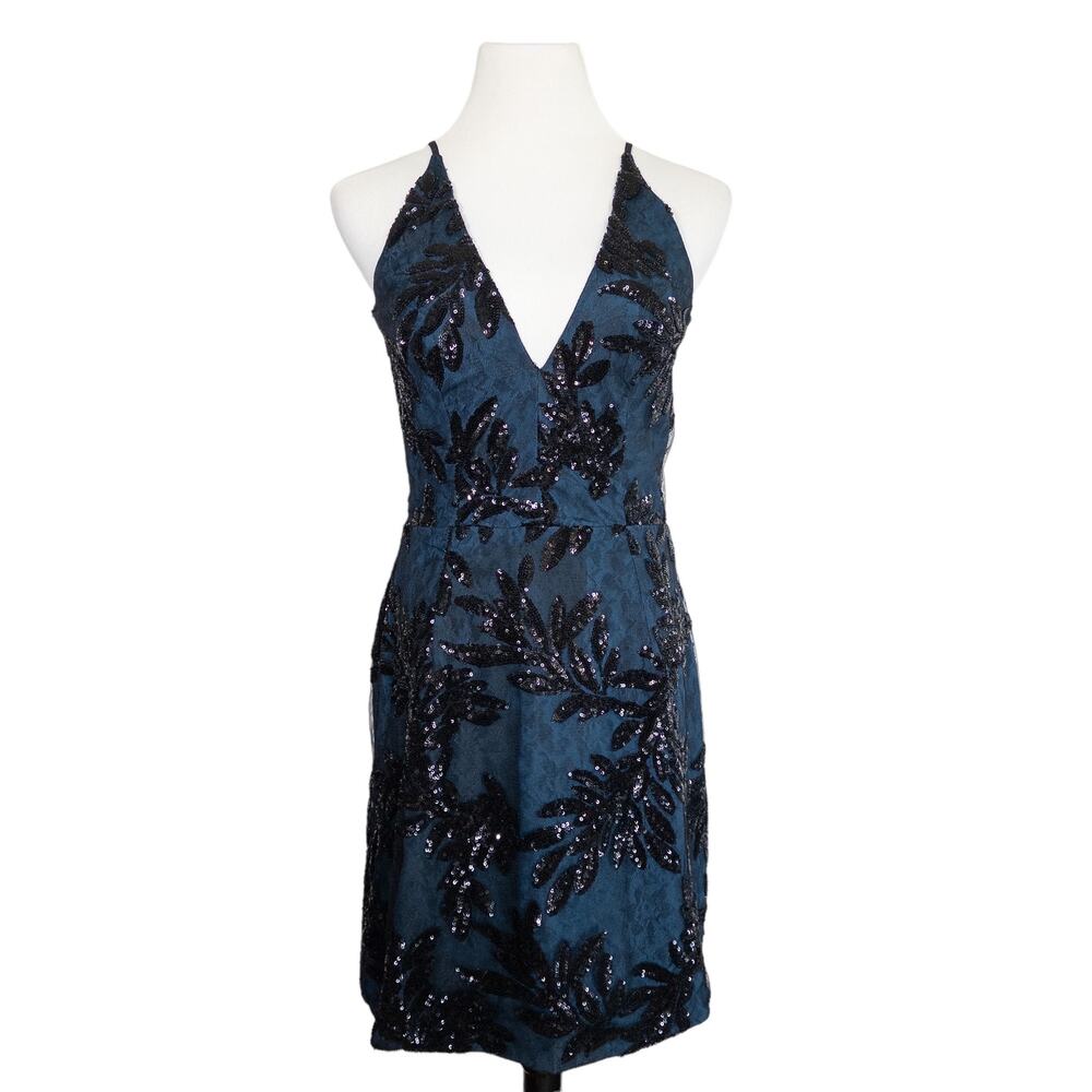 Dress the Population Lace Sequin Leaf V Neck Cocktail Dress Navy Black Medium